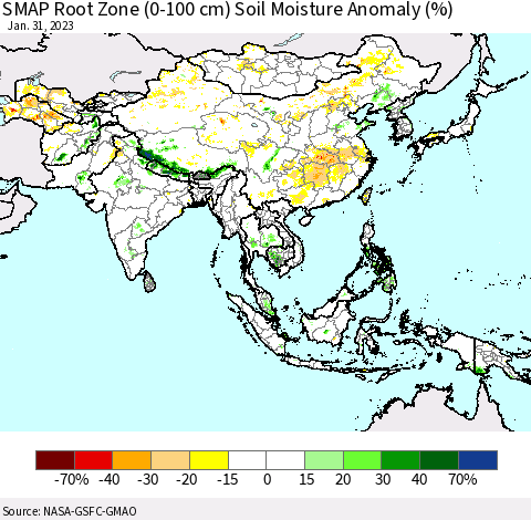Asia SMAP Root Zone (0-100 cm) Soil Moisture Anomaly (%) Thematic Map For 1/26/2023 - 1/31/2023