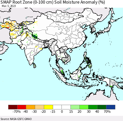 Asia SMAP Root Zone (0-100 cm) Soil Moisture Anomaly (%) Thematic Map For 3/1/2023 - 3/5/2023
