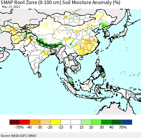 Asia SMAP Root Zone (0-100 cm) Soil Moisture Anomaly (%) Thematic Map For 3/11/2023 - 3/15/2023