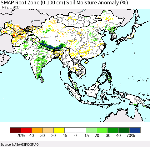 Asia SMAP Root Zone (0-100 cm) Soil Moisture Anomaly (%) Thematic Map For 5/1/2023 - 5/5/2023
