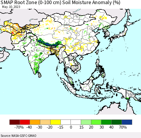 Asia SMAP Root Zone (0-100 cm) Soil Moisture Anomaly (%) Thematic Map For 5/6/2023 - 5/10/2023