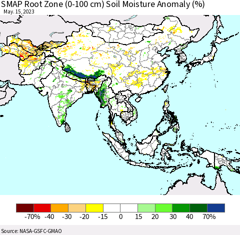 Asia SMAP Root Zone (0-100 cm) Soil Moisture Anomaly (%) Thematic Map For 5/11/2023 - 5/15/2023