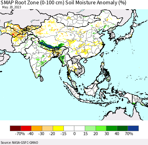 Asia SMAP Root Zone (0-100 cm) Soil Moisture Anomaly (%) Thematic Map For 5/16/2023 - 5/20/2023