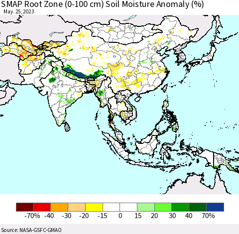 Asia SMAP Root Zone (0-100 cm) Soil Moisture Anomaly (%) Thematic Map For 5/21/2023 - 5/25/2023