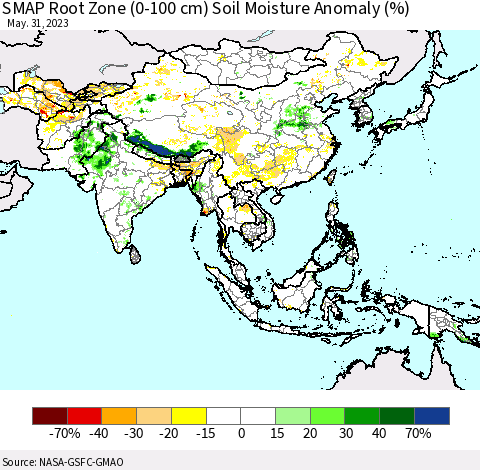 Asia SMAP Root Zone (0-100 cm) Soil Moisture Anomaly (%) Thematic Map For 5/26/2023 - 5/31/2023