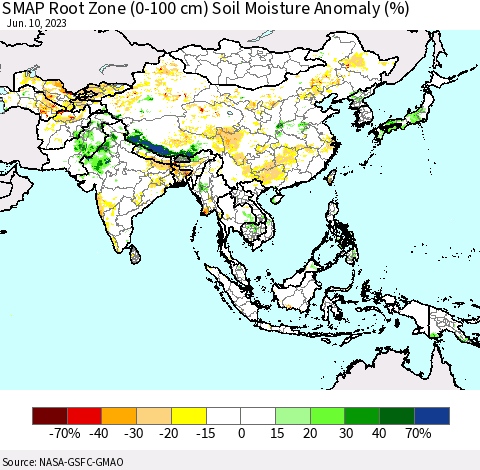 Asia SMAP Root Zone (0-100 cm) Soil Moisture Anomaly (%) Thematic Map For 6/6/2023 - 6/10/2023