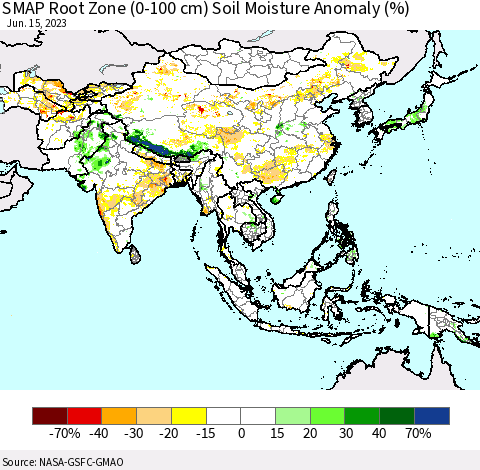 Asia SMAP Root Zone (0-100 cm) Soil Moisture Anomaly (%) Thematic Map For 6/11/2023 - 6/15/2023