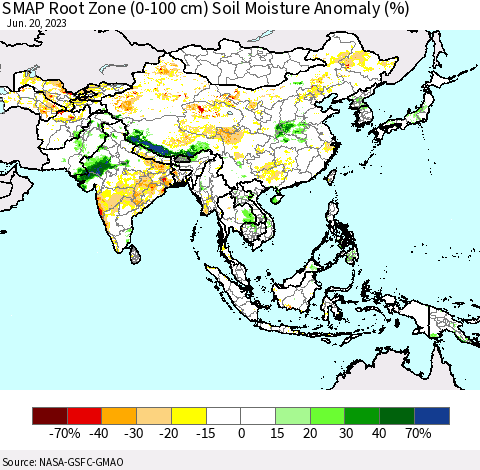 Asia SMAP Root Zone (0-100 cm) Soil Moisture Anomaly (%) Thematic Map For 6/16/2023 - 6/20/2023