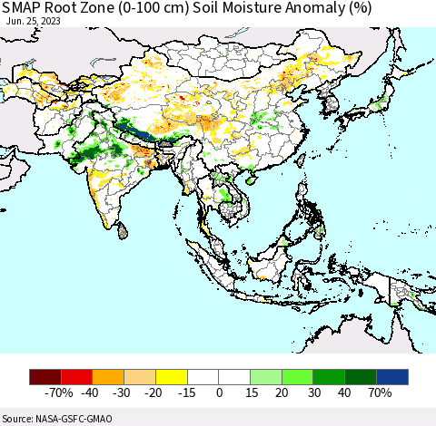 Asia SMAP Root Zone (0-100 cm) Soil Moisture Anomaly (%) Thematic Map For 6/21/2023 - 6/25/2023