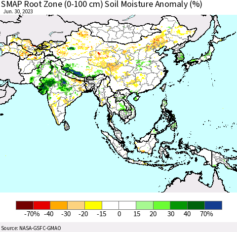 Asia SMAP Root Zone (0-100 cm) Soil Moisture Anomaly (%) Thematic Map For 6/26/2023 - 6/30/2023