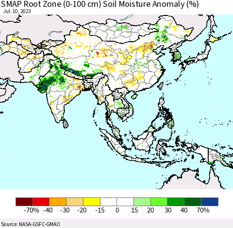 Asia SMAP Root Zone (0-100 cm) Soil Moisture Anomaly (%) Thematic Map For 7/6/2023 - 7/10/2023