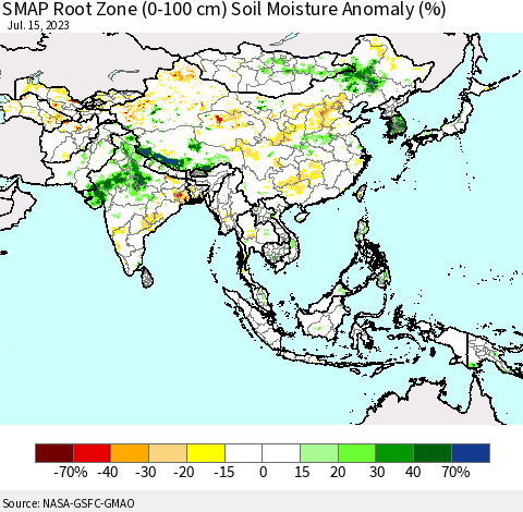 Asia SMAP Root Zone (0-100 cm) Soil Moisture Anomaly (%) Thematic Map For 7/11/2023 - 7/15/2023