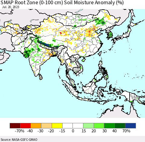 Asia SMAP Root Zone (0-100 cm) Soil Moisture Anomaly (%) Thematic Map For 7/16/2023 - 7/20/2023