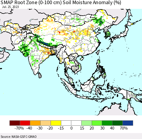 Asia SMAP Root Zone (0-100 cm) Soil Moisture Anomaly (%) Thematic Map For 7/21/2023 - 7/25/2023