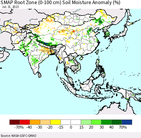 Asia SMAP Root Zone (0-100 cm) Soil Moisture Anomaly (%) Thematic Map For 7/26/2023 - 7/31/2023