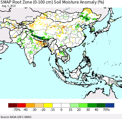 Asia SMAP Root Zone (0-100 cm) Soil Moisture Anomaly (%) Thematic Map For 8/1/2023 - 8/5/2023