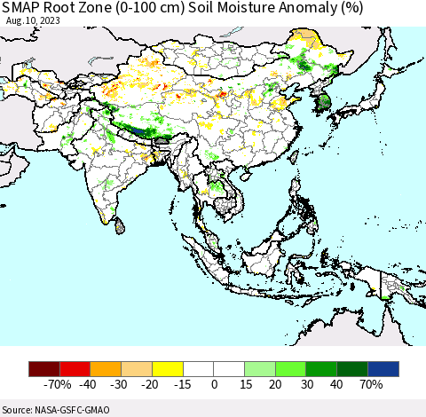 Asia SMAP Root Zone (0-100 cm) Soil Moisture Anomaly (%) Thematic Map For 8/6/2023 - 8/10/2023