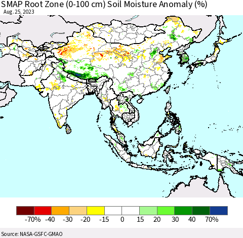 Asia SMAP Root Zone (0-100 cm) Soil Moisture Anomaly (%) Thematic Map For 8/21/2023 - 8/25/2023