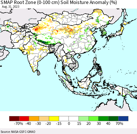 Asia SMAP Root Zone (0-100 cm) Soil Moisture Anomaly (%) Thematic Map For 8/26/2023 - 8/31/2023