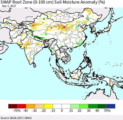 Asia SMAP Root Zone (0-100 cm) Soil Moisture Anomaly (%) Thematic Map For 9/1/2023 - 9/5/2023