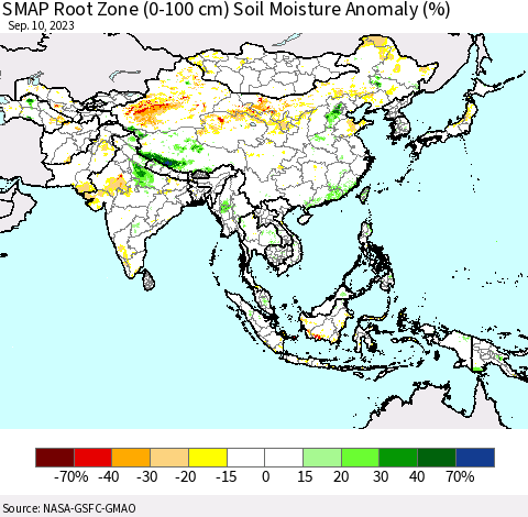 Asia SMAP Root Zone (0-100 cm) Soil Moisture Anomaly (%) Thematic Map For 9/6/2023 - 9/10/2023
