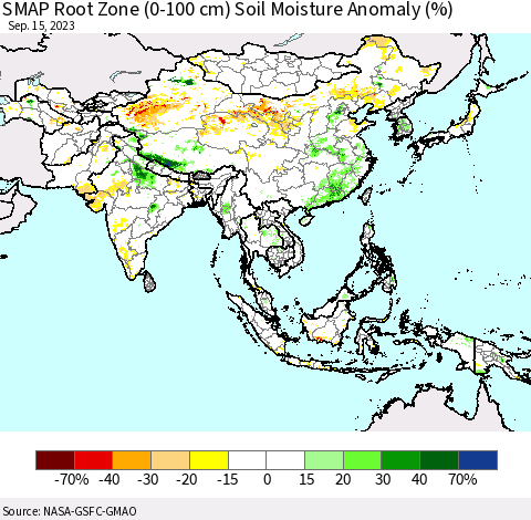 Asia SMAP Root Zone (0-100 cm) Soil Moisture Anomaly (%) Thematic Map For 9/11/2023 - 9/15/2023