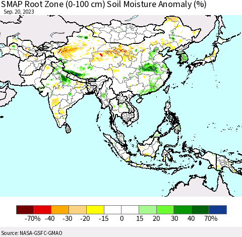 Asia SMAP Root Zone (0-100 cm) Soil Moisture Anomaly (%) Thematic Map For 9/16/2023 - 9/20/2023