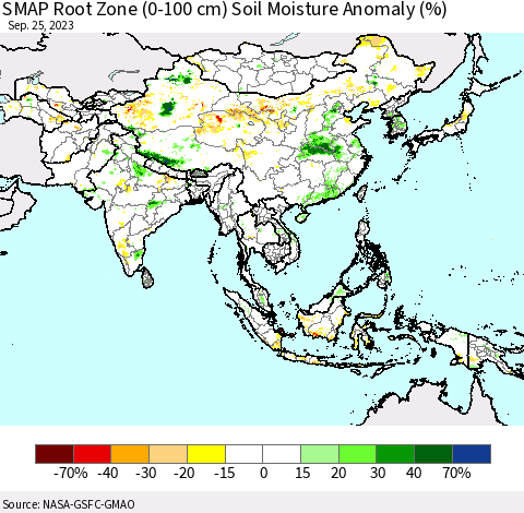 Asia SMAP Root Zone (0-100 cm) Soil Moisture Anomaly (%) Thematic Map For 9/21/2023 - 9/25/2023