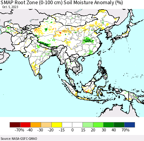 Asia SMAP Root Zone (0-100 cm) Soil Moisture Anomaly (%) Thematic Map For 10/1/2023 - 10/5/2023