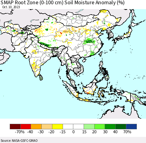 Asia SMAP Root Zone (0-100 cm) Soil Moisture Anomaly (%) Thematic Map For 10/6/2023 - 10/10/2023