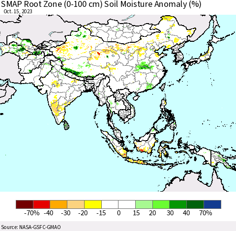 Asia SMAP Root Zone (0-100 cm) Soil Moisture Anomaly (%) Thematic Map For 10/11/2023 - 10/15/2023