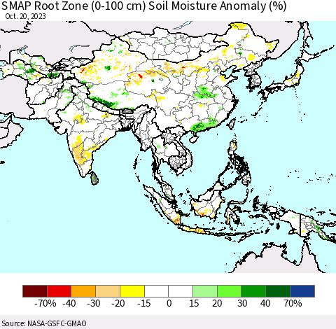 Asia SMAP Root Zone (0-100 cm) Soil Moisture Anomaly (%) Thematic Map For 10/16/2023 - 10/20/2023