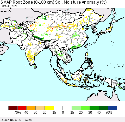 Asia SMAP Root Zone (0-100 cm) Soil Moisture Anomaly (%) Thematic Map For 10/26/2023 - 10/31/2023