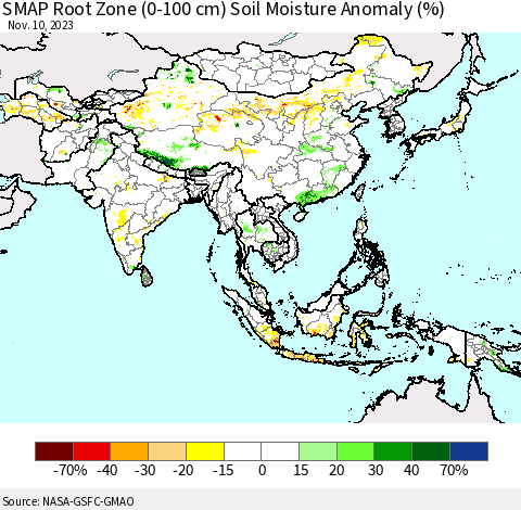 Asia SMAP Root Zone (0-100 cm) Soil Moisture Anomaly (%) Thematic Map For 11/6/2023 - 11/10/2023