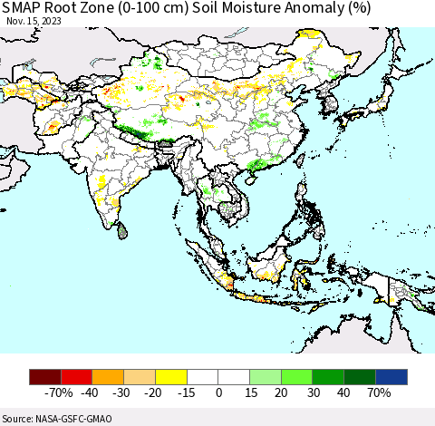 Asia SMAP Root Zone (0-100 cm) Soil Moisture Anomaly (%) Thematic Map For 11/11/2023 - 11/15/2023