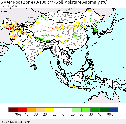 Asia SMAP Root Zone (0-100 cm) Soil Moisture Anomaly (%) Thematic Map For 1/16/2024 - 1/20/2024
