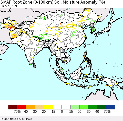 Asia SMAP Root Zone (0-100 cm) Soil Moisture Anomaly (%) Thematic Map For 1/21/2024 - 1/25/2024