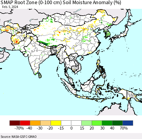 Asia SMAP Root Zone (0-100 cm) Soil Moisture Anomaly (%) Thematic Map For 2/1/2024 - 2/5/2024