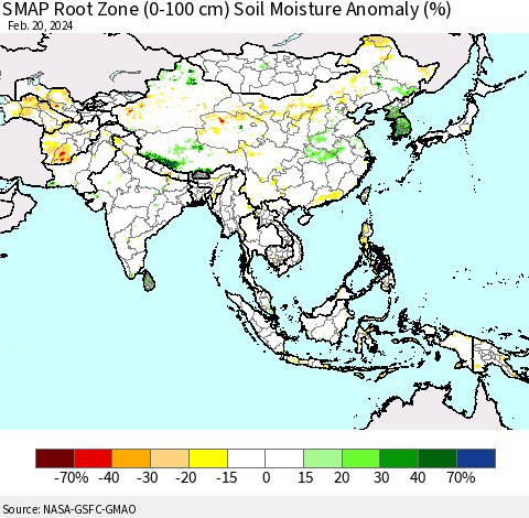 Asia SMAP Root Zone (0-100 cm) Soil Moisture Anomaly (%) Thematic Map For 2/16/2024 - 2/20/2024