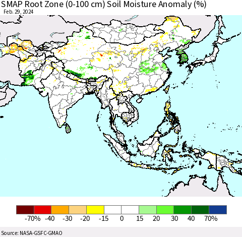 Asia SMAP Root Zone (0-100 cm) Soil Moisture Anomaly (%) Thematic Map For 2/26/2024 - 2/29/2024