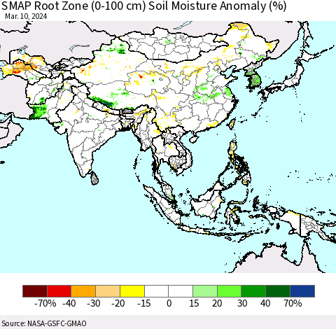 Asia SMAP Root Zone (0-100 cm) Soil Moisture Anomaly (%) Thematic Map For 3/6/2024 - 3/10/2024