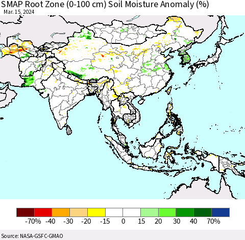 Asia SMAP Root Zone (0-100 cm) Soil Moisture Anomaly (%) Thematic Map For 3/11/2024 - 3/15/2024