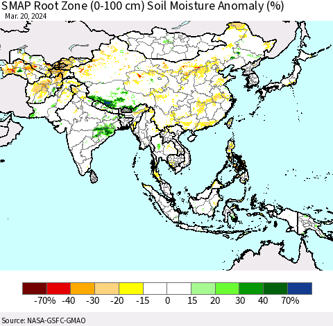 Asia SMAP Root Zone (0-100 cm) Soil Moisture Anomaly (%) Thematic Map For 3/16/2024 - 3/20/2024