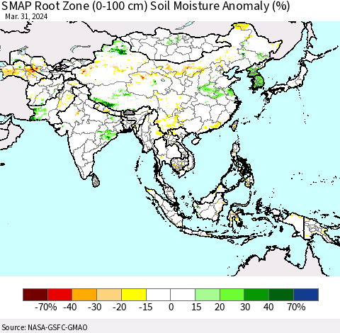 Asia SMAP Root Zone (0-100 cm) Soil Moisture Anomaly (%) Thematic Map For 3/26/2024 - 3/31/2024