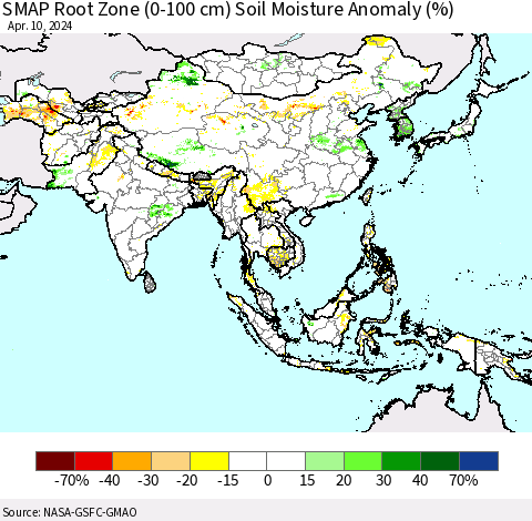 Asia SMAP Root Zone (0-100 cm) Soil Moisture Anomaly (%) Thematic Map For 4/6/2024 - 4/10/2024