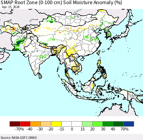 Asia SMAP Root Zone (0-100 cm) Soil Moisture Anomaly (%) Thematic Map For 4/11/2024 - 4/15/2024