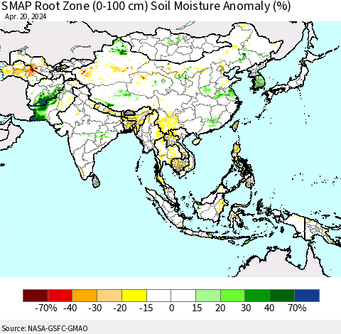 Asia SMAP Root Zone (0-100 cm) Soil Moisture Anomaly (%) Thematic Map For 4/16/2024 - 4/20/2024