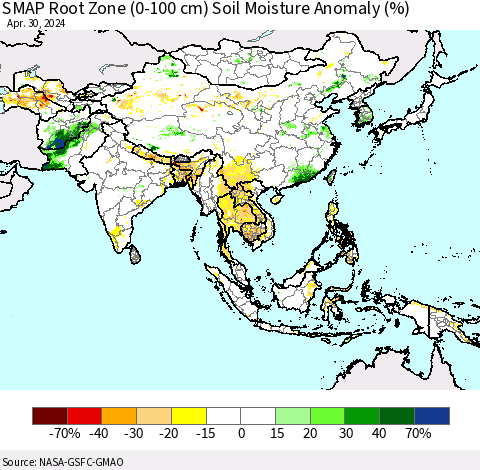 Asia SMAP Root Zone (0-100 cm) Soil Moisture Anomaly (%) Thematic Map For 4/26/2024 - 4/30/2024