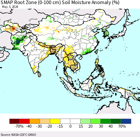 Asia SMAP Root Zone (0-100 cm) Soil Moisture Anomaly (%) Thematic Map For 5/1/2024 - 5/5/2024