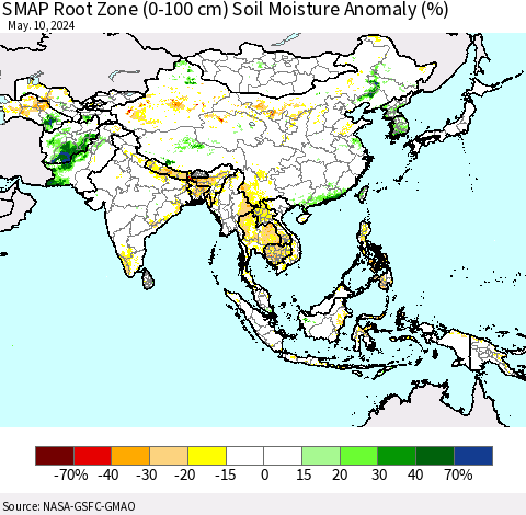Asia SMAP Root Zone (0-100 cm) Soil Moisture Anomaly (%) Thematic Map For 5/6/2024 - 5/10/2024